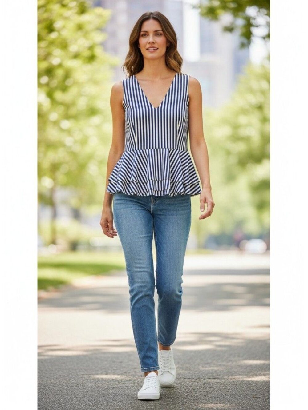 Ivanka Trump Blue White Stripe Sleeveless Peplum V Neck Blouse Top M NEW Cotton